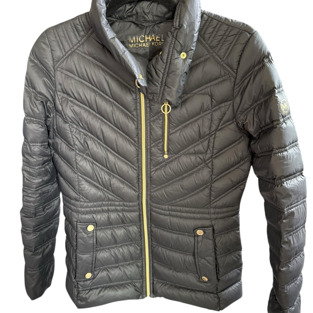 Michael Kors Gray Puffer Jacket with Chevron Quilting